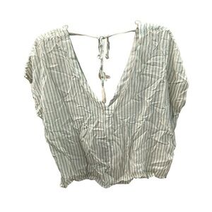 NWT Chaser Cream and Blue Linen/Cotton Striped V Tassle Tee size S